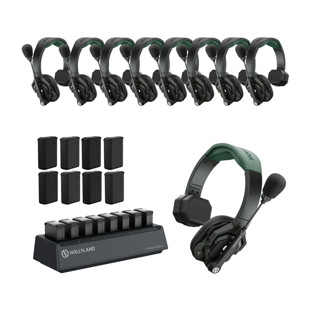 Hollyland Solidcom SE Pro wireless intercom kit with nine headsets, batteries and charging base