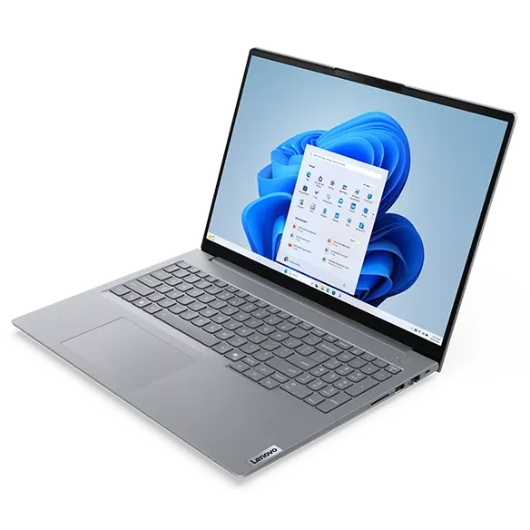 Lenovo ThinkBook 16 Gen 9 business laptop, open, front three quarter view