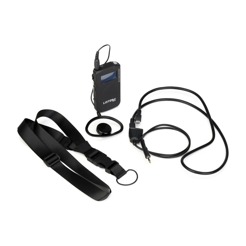 ListenWIFI receiver with earbuds, lanyard and neck loop for hearing aids